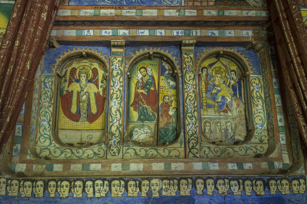 Biblical stories painted on the wall at Azwa Miriam, a 14th centuary monastory on a peninsula of Lake Tana