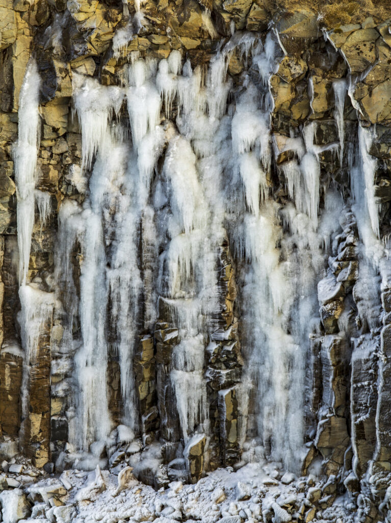 A frozen waterfall in Iceland.