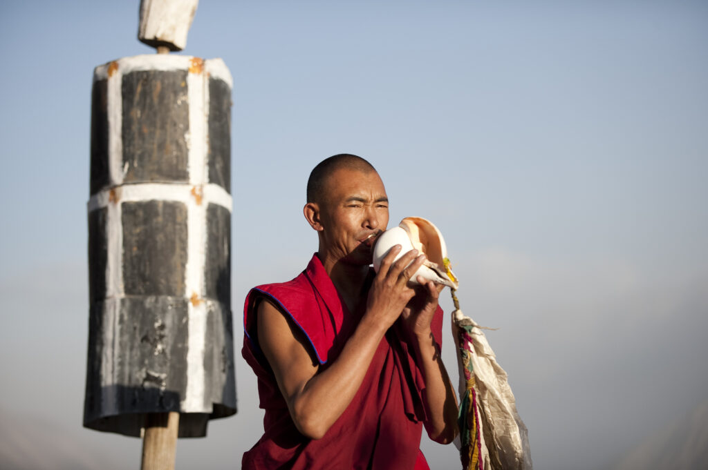 Morning call to Puja (Budhist Prayer) in a Buddhist monestary in Ladakh.