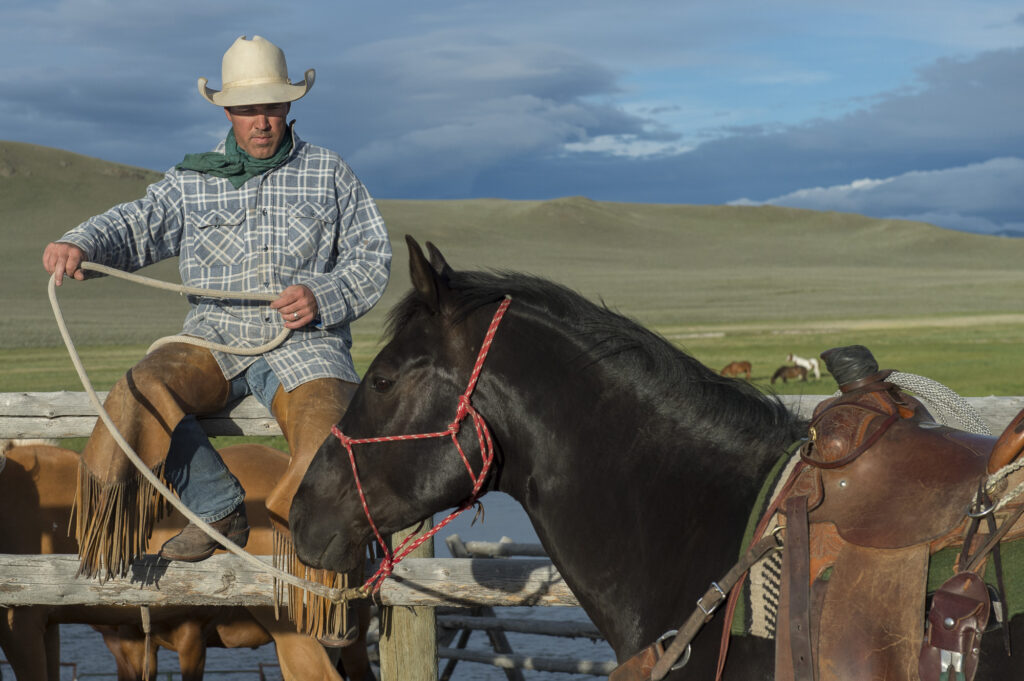 A cowboy teds to his horse in Montana