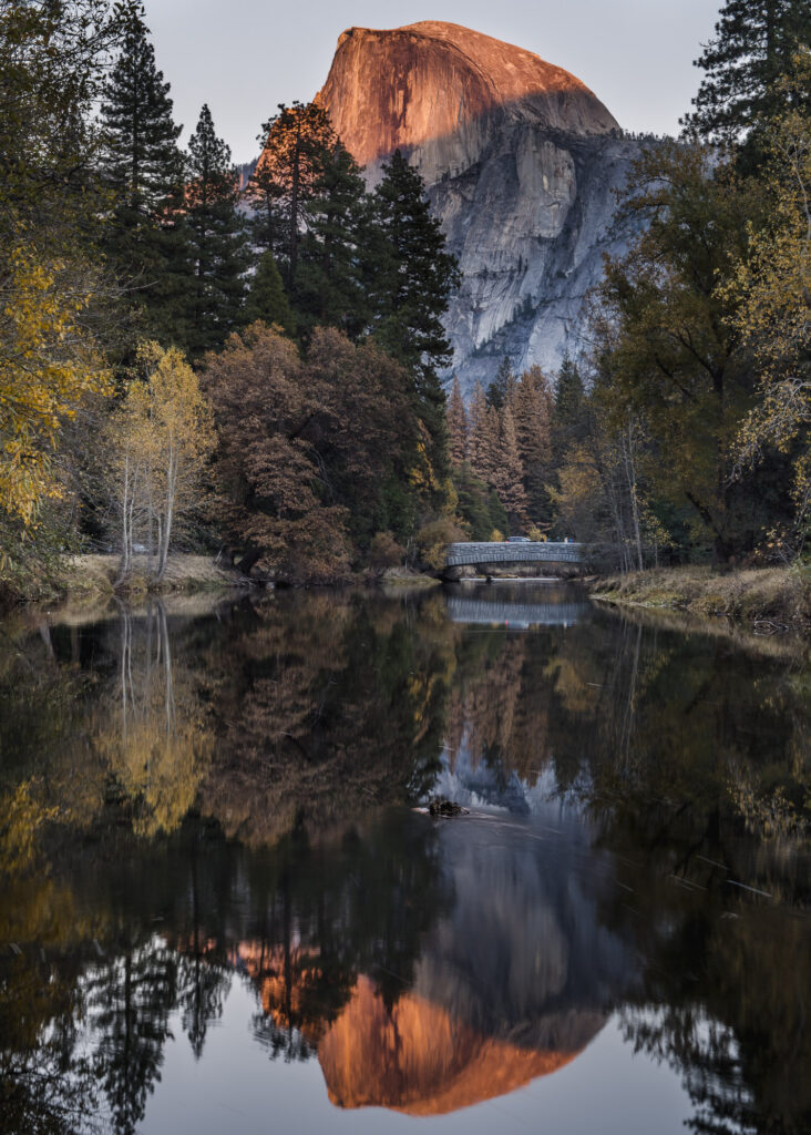 Half Dome and fall color reflected in the Merced River, Yosemite