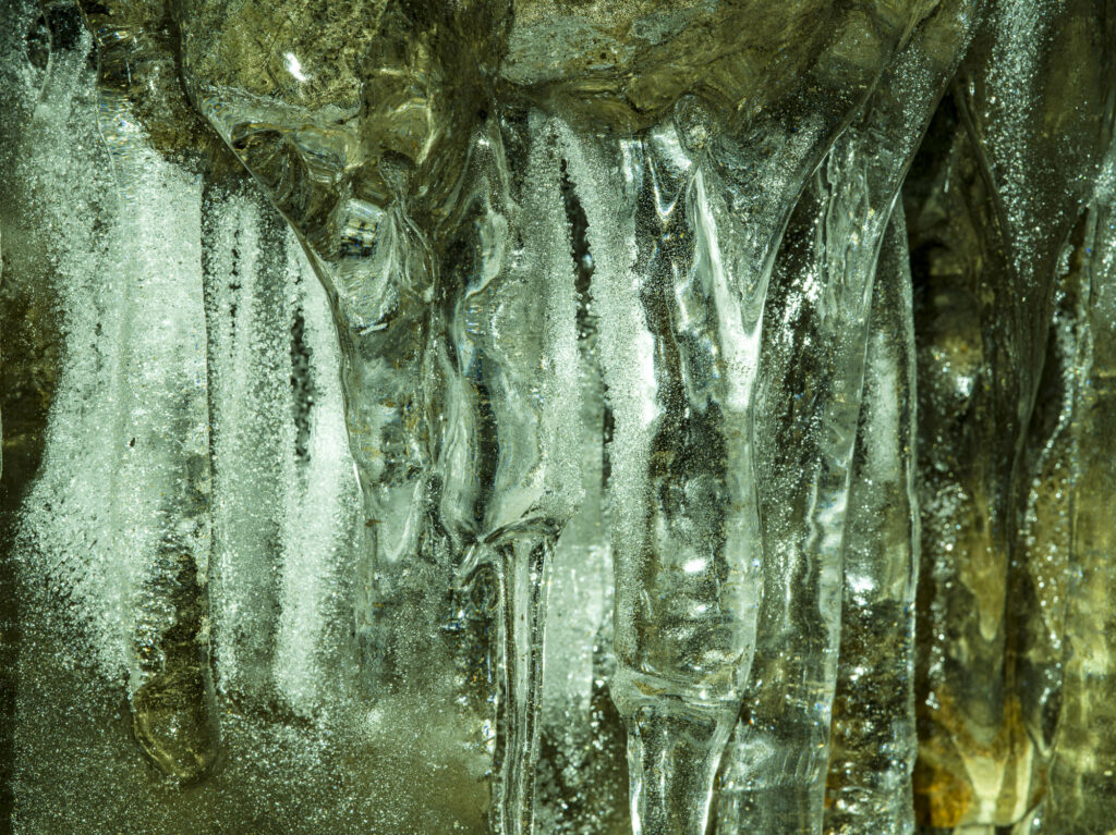 The intricate structure of ice inside an ice cave in Svalbard