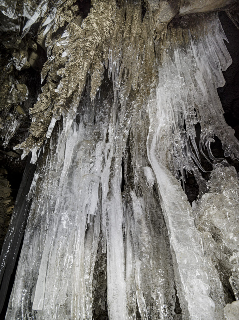 The intricate structure of ice inside an ice cave in Svalbard
