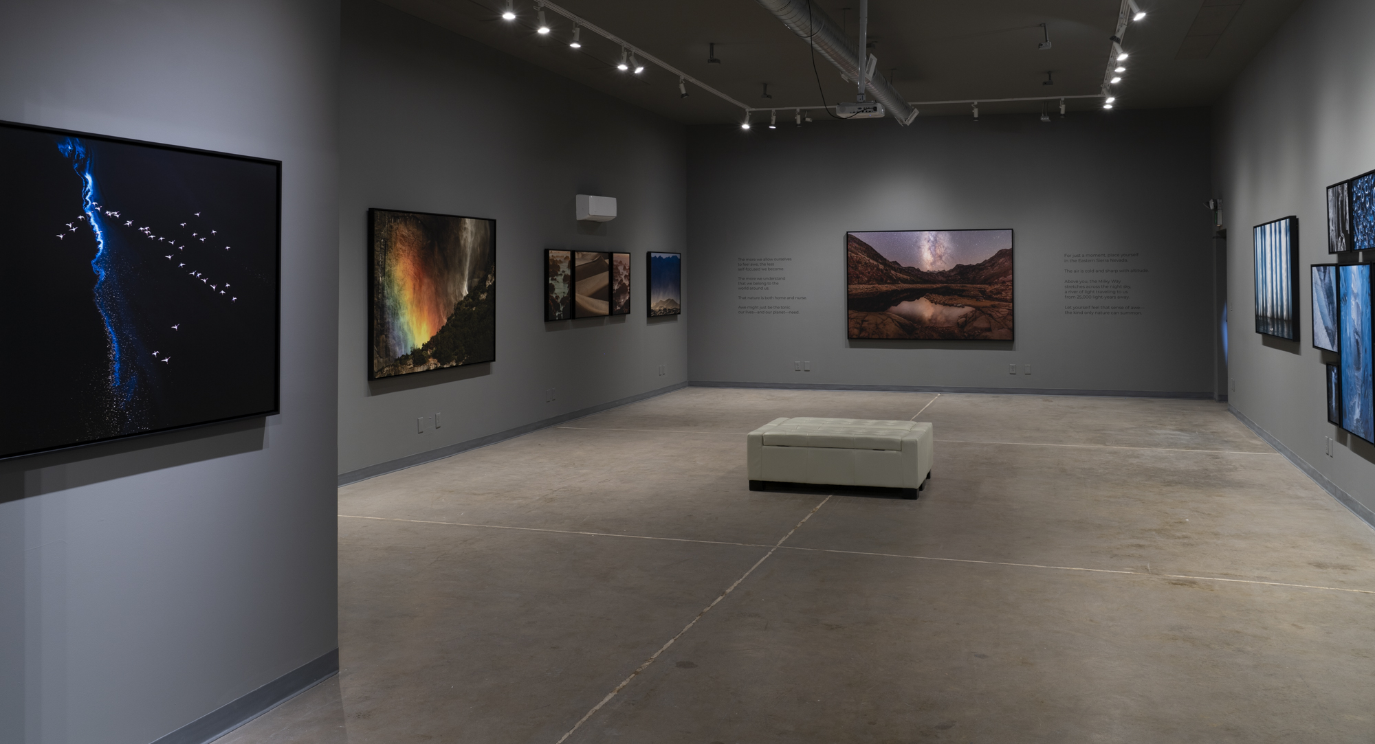Art gallery, back wall view with white ottoman in the center.